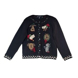 Vintage Northern Isles Sweater Cardigan Women's‎ XL Black Dogs Novelty Christmas